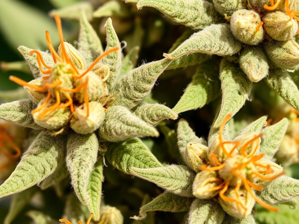 Fleurs d'Amnesia Haze montrant leur structure aérée et leurs longs pistils orange