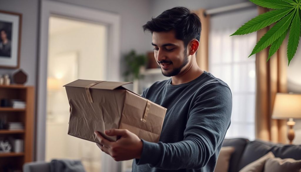 Personne recevant un colis discret de hash commandé en ligne