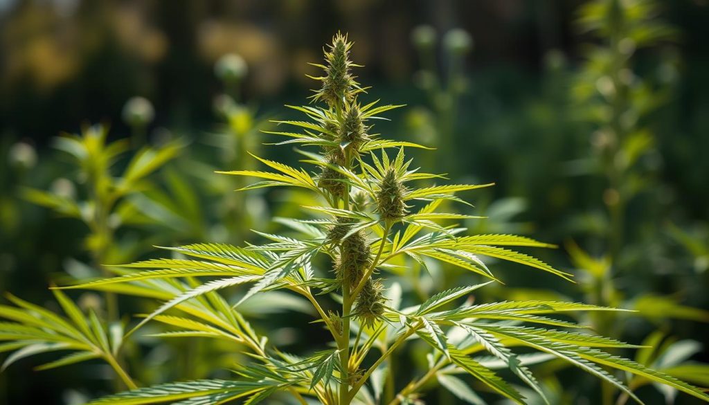 Plante de Cannabis Sativa montrant ses caractéristiques distinctives comme les feuilles étroites et la structure élancée