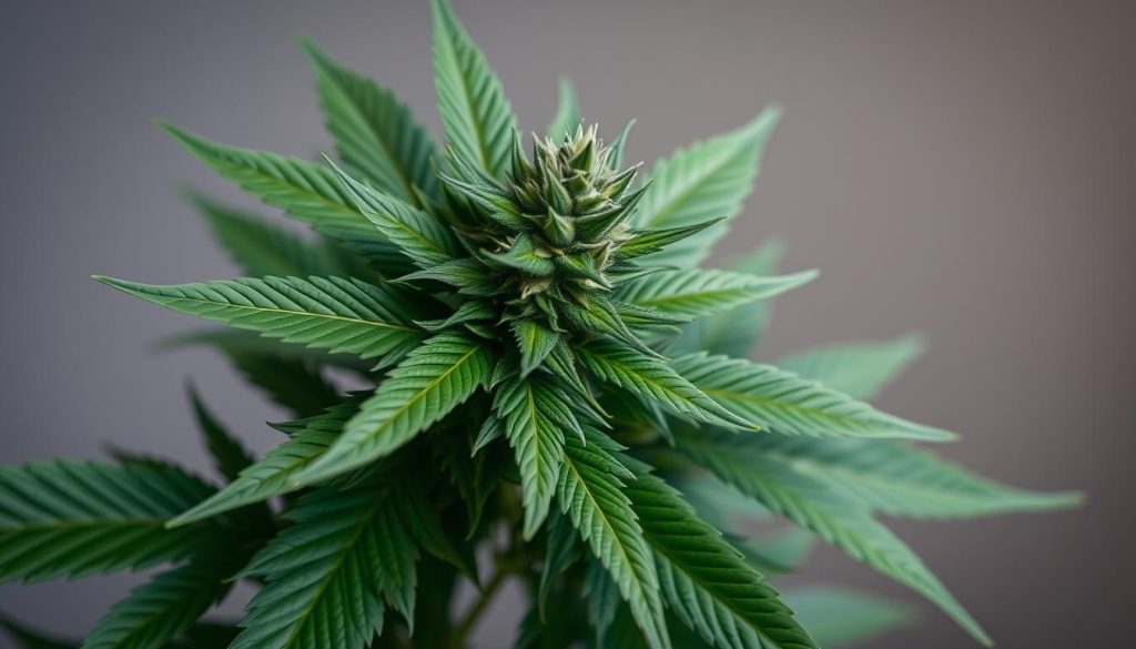 Plante de cannabis indica montrant sa structure compacte et ses larges feuilles caractéristiques